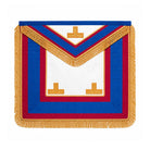 Blue and burgundy Mark Provincial Masonic apron with gold fringe and gold braid.
