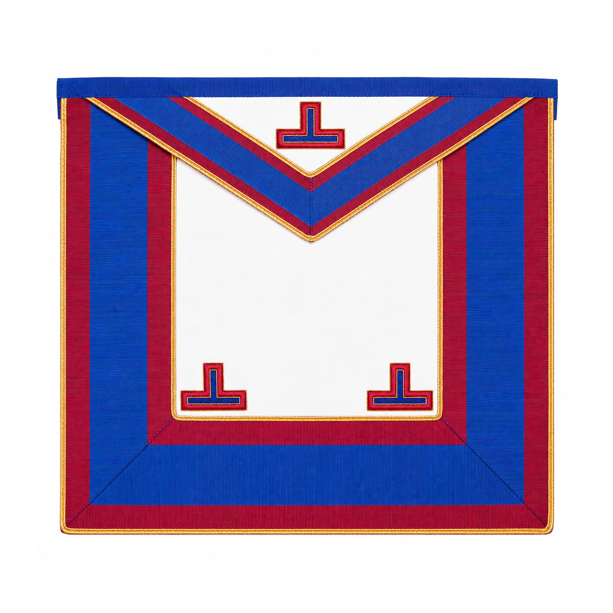 Blue and burgundy Mark Provincial Masonic apron with gold line detailing.