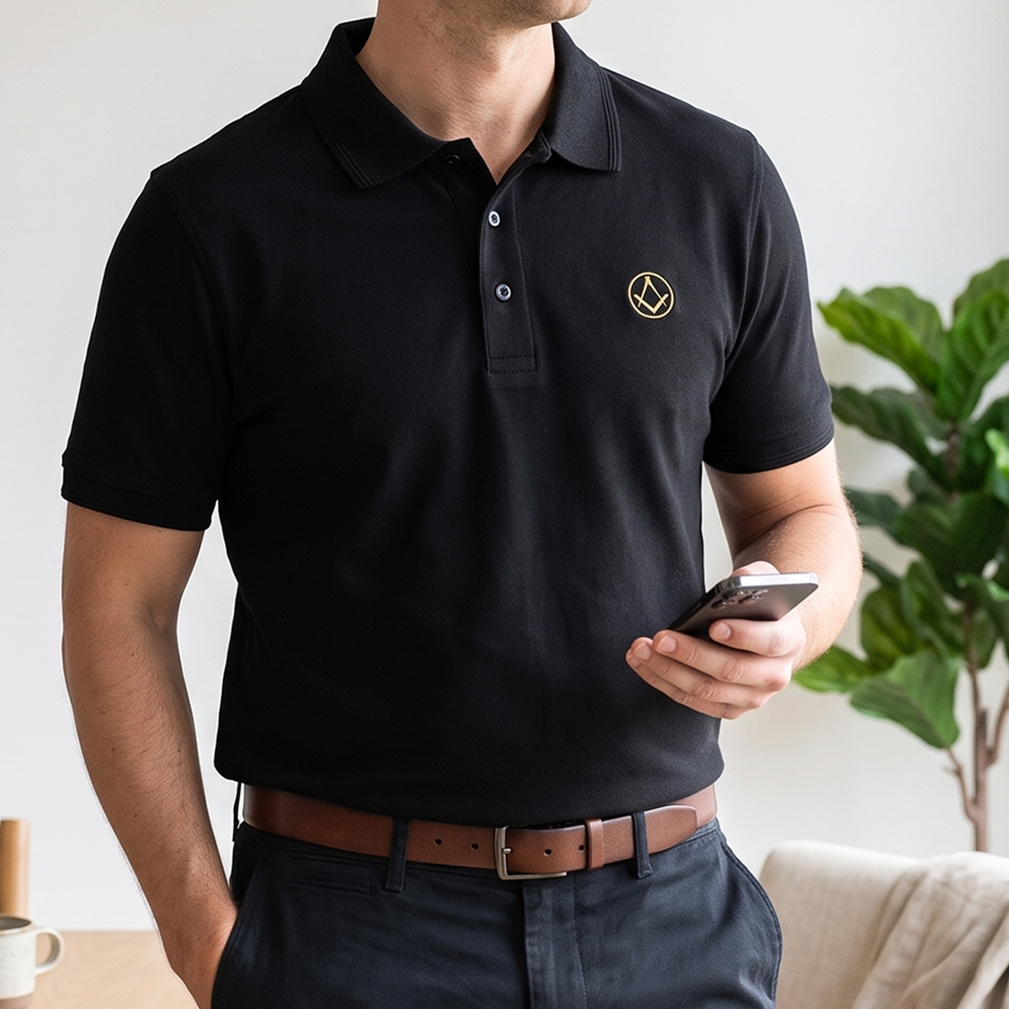 Model wearing black polo shirt with a collar and button placket, featuring a small gold embroidered Masonic square-and-compass symbol on the chest.