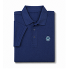 Folded blue polo shirt with a collar and button placket, featuring a small sliver & blue embroidered Masonic square and compasses symbol on the chest
