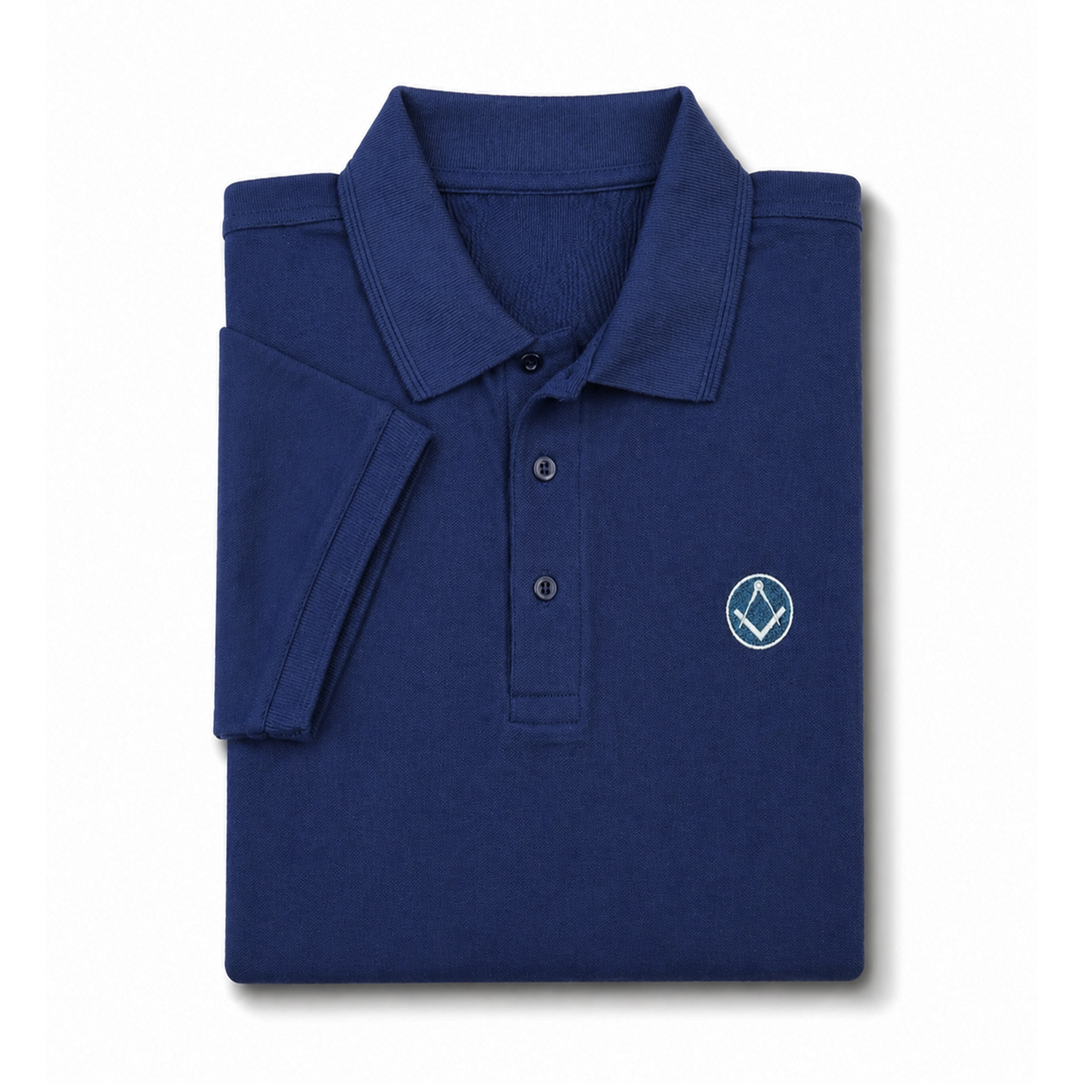 Folded blue polo shirt with a collar and button placket, featuring a small sliver & blue embroidered Masonic square and compasses symbol on the chest