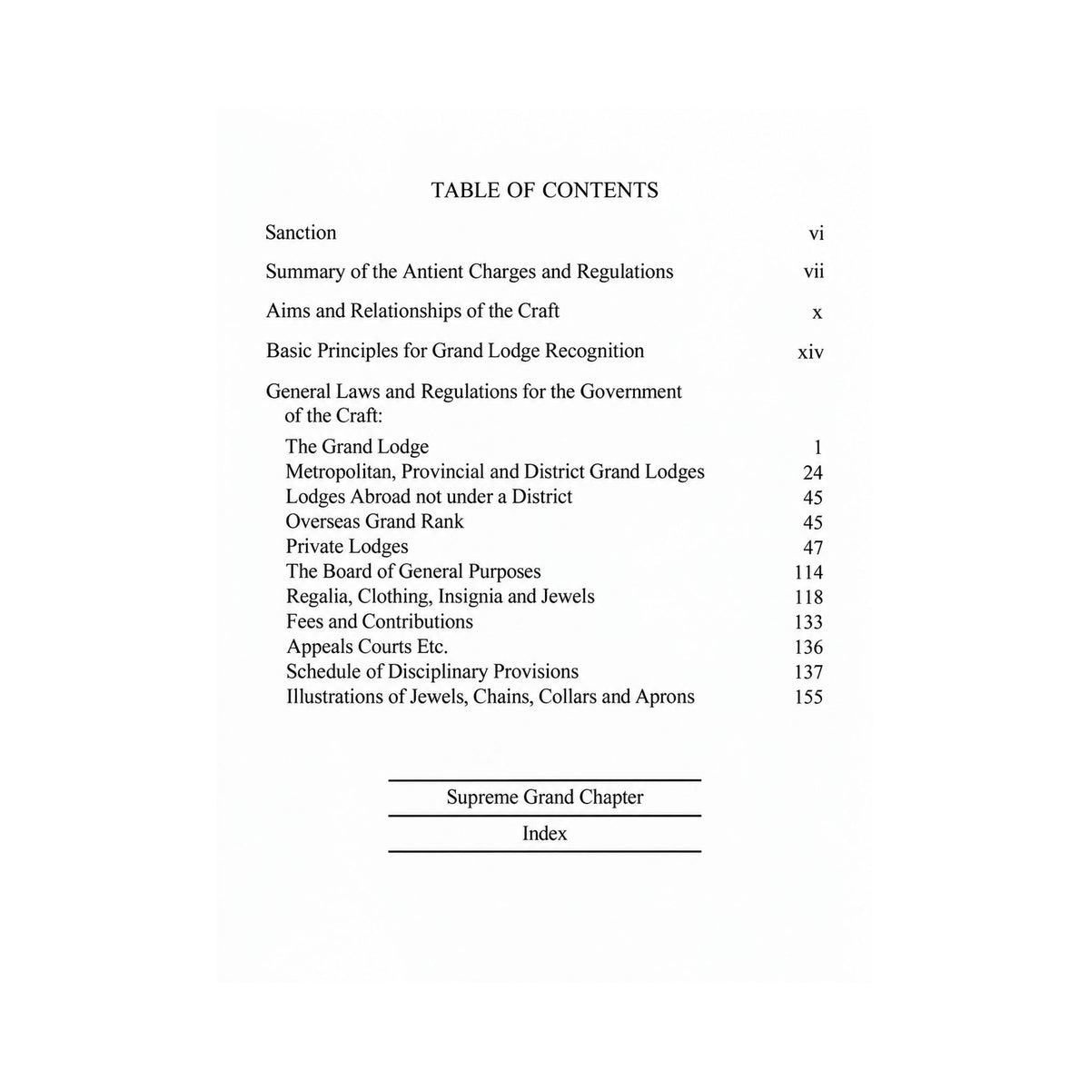 Masonic Book of Constitutions UGLE 2026 table of contents page.