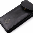 Open black leather masonic glasses case showing magnetic closure