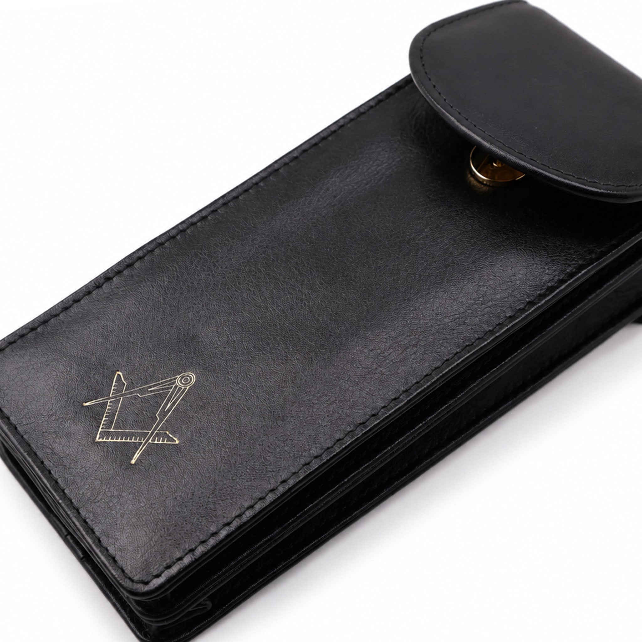 Open black leather masonic glasses case showing magnetic closure