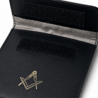 Black leather masonic car key pouch showing velcro fastening