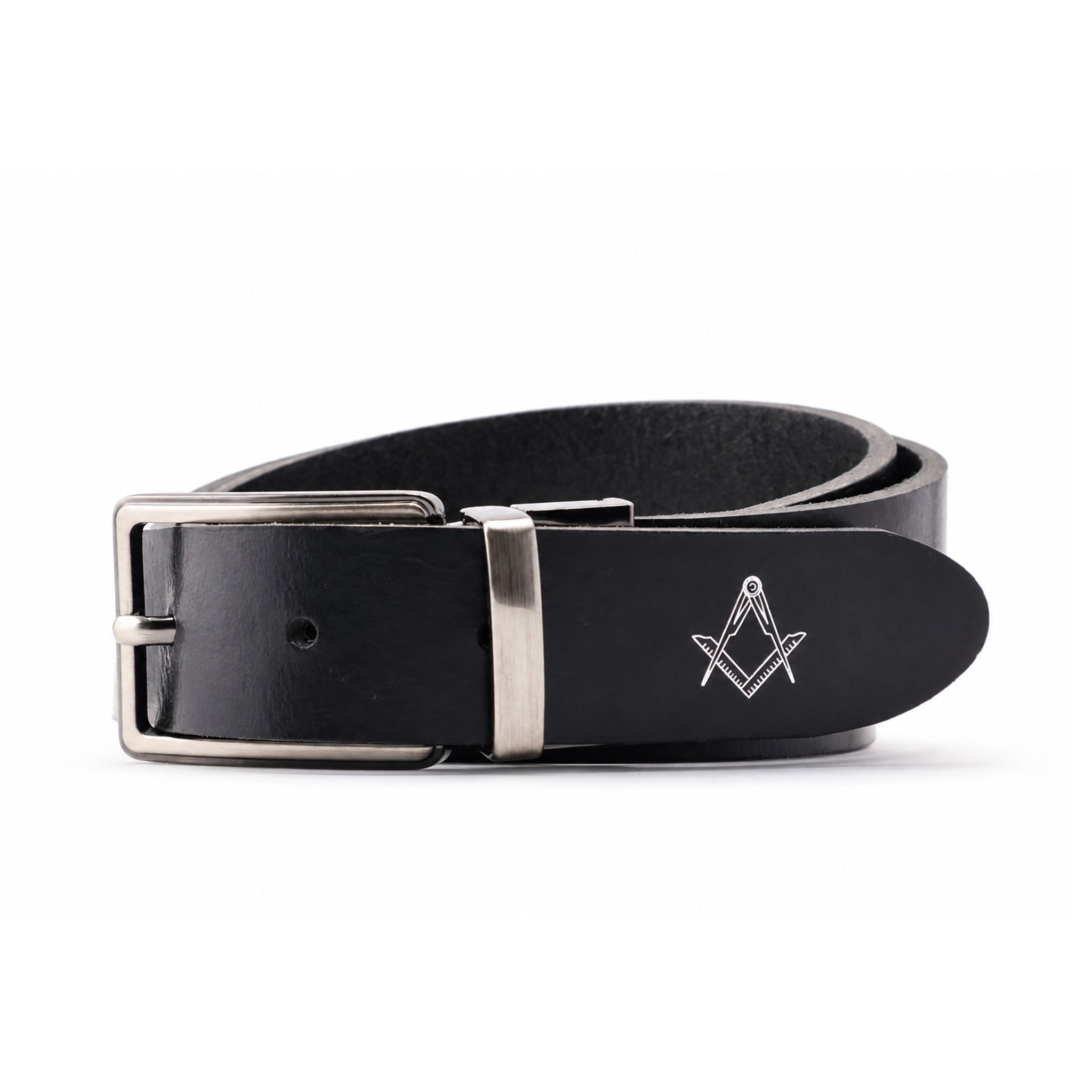 Black belt with silver buckle featuring Masonic square and compasses symbol 