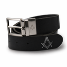 Black belt with silver buckle featuring Masonic symbols on a white background