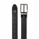 Black belt with silver buckle featuring Masonic square and compasses symbol  on tail end and buckle