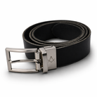 Black leather belt rolled up in a circle with silver buckle with square & compasses engraved on a white background