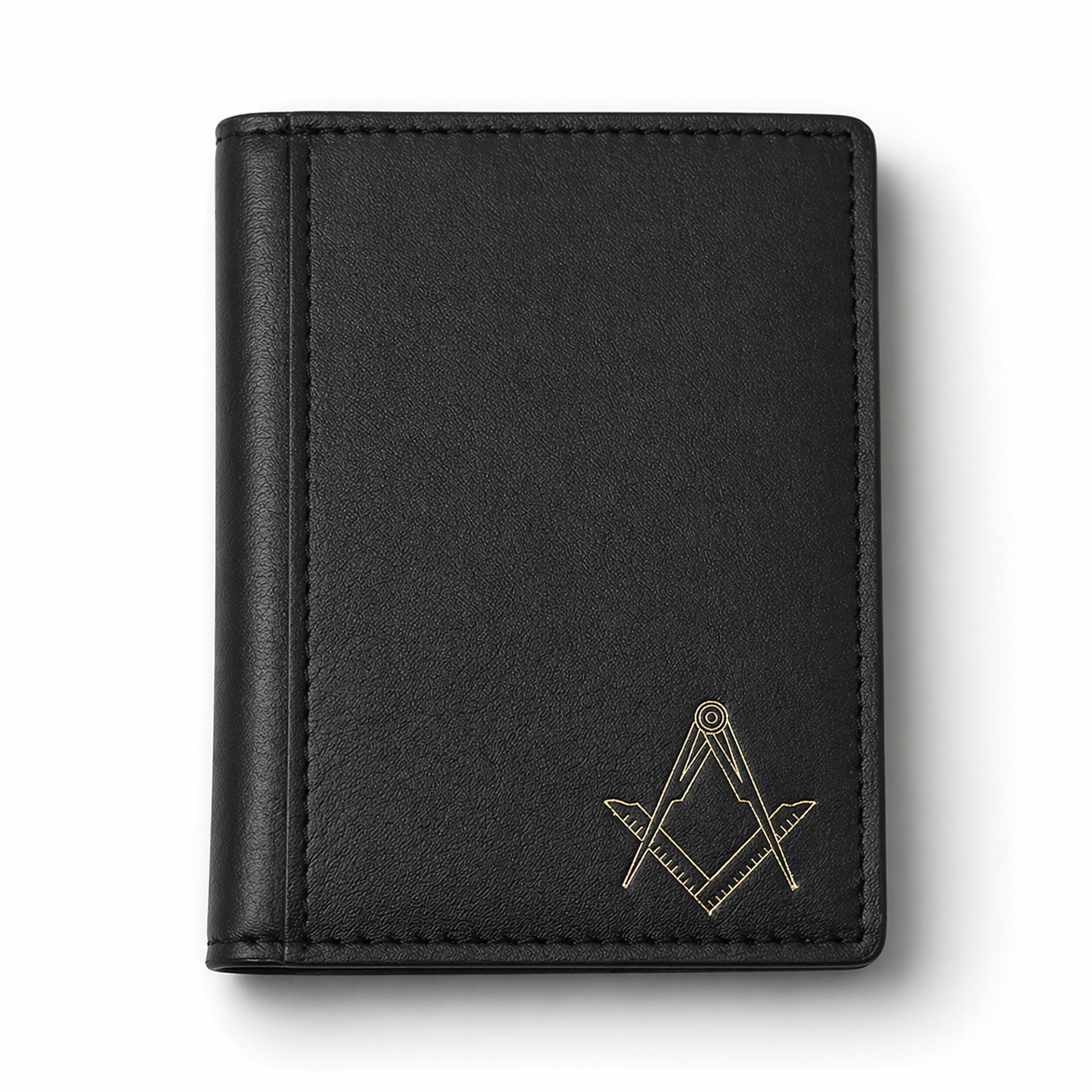 Black leather card holder wallet with stitched edges, featuring a gold Masonic square-and-compass emblem in the bottom corner.