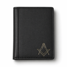 Black leather card holder wallet with stitched edges, featuring a gold Masonic square-and-compass emblem in the bottom corner.