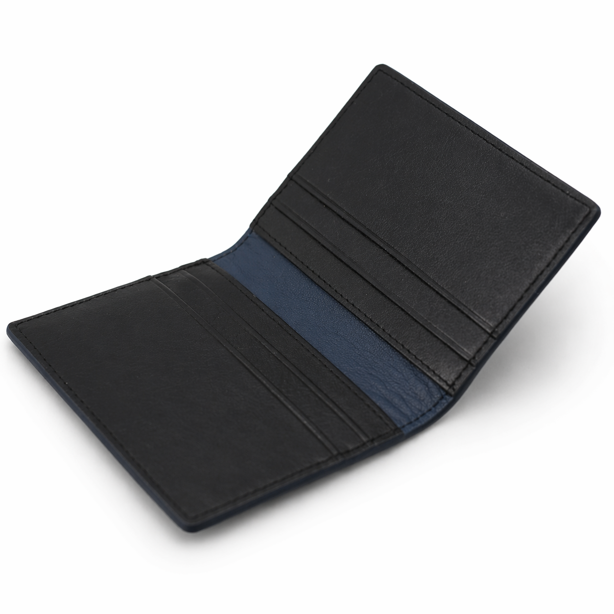 Black leather card holder wallet with stitched edges, featuring blue lining on the inside.