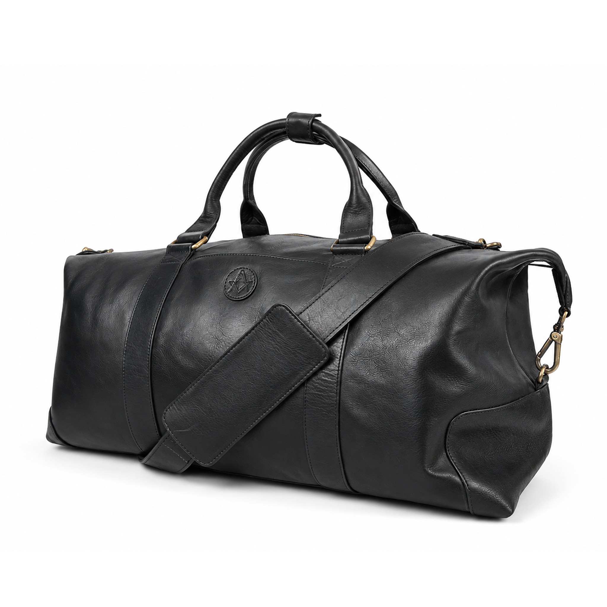 Black leather Masonic holdall with carry handles and shoulder strap