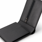 Premium Black leather card wallet with stitched edges featuring RFID blocking technology,  ten card slots and a zipped coin pocket.