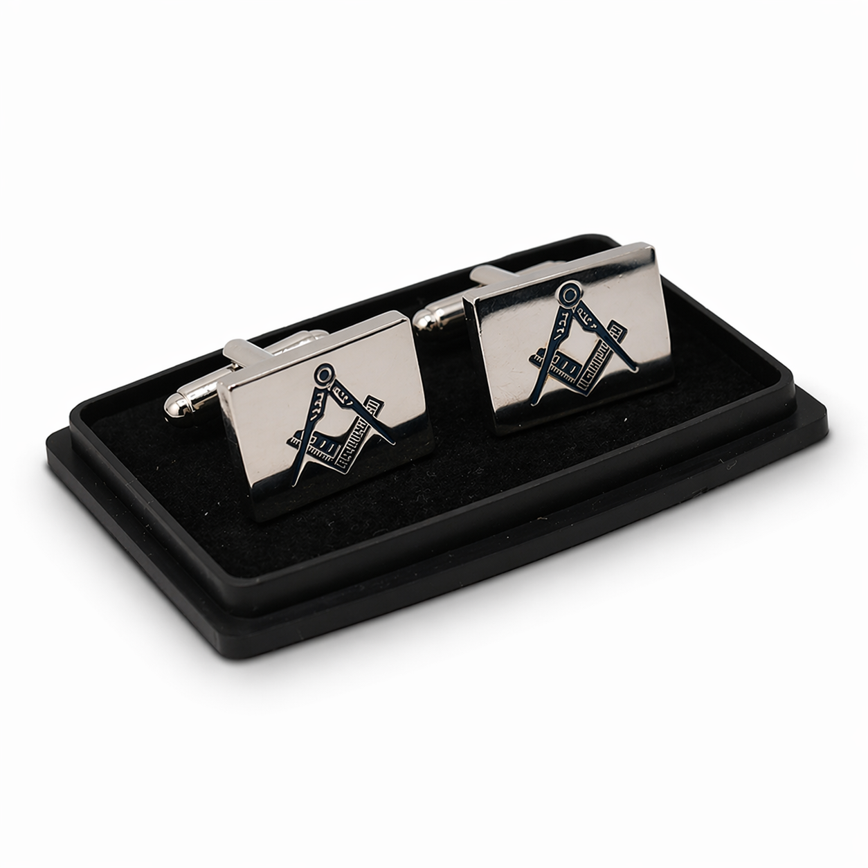 Masonic square and compass cufflinks  in silver rectangular design, presentation case.