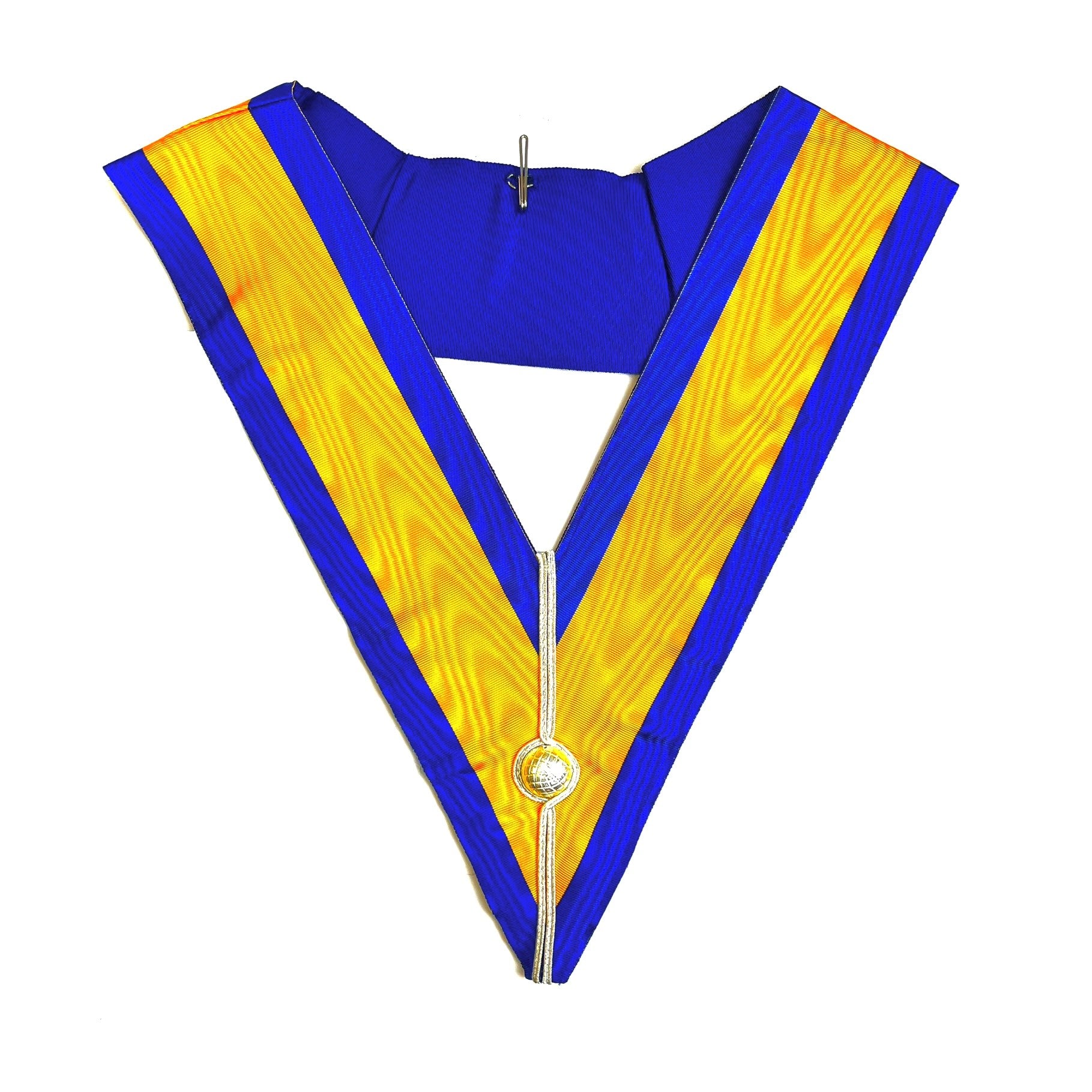 A V-shaped Allied Masonic degree Officer's collar with gold and blue colours and metallic embellishments at the center.