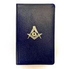 Black leather notebook with Masonic gold square & compasses symbol on a black background