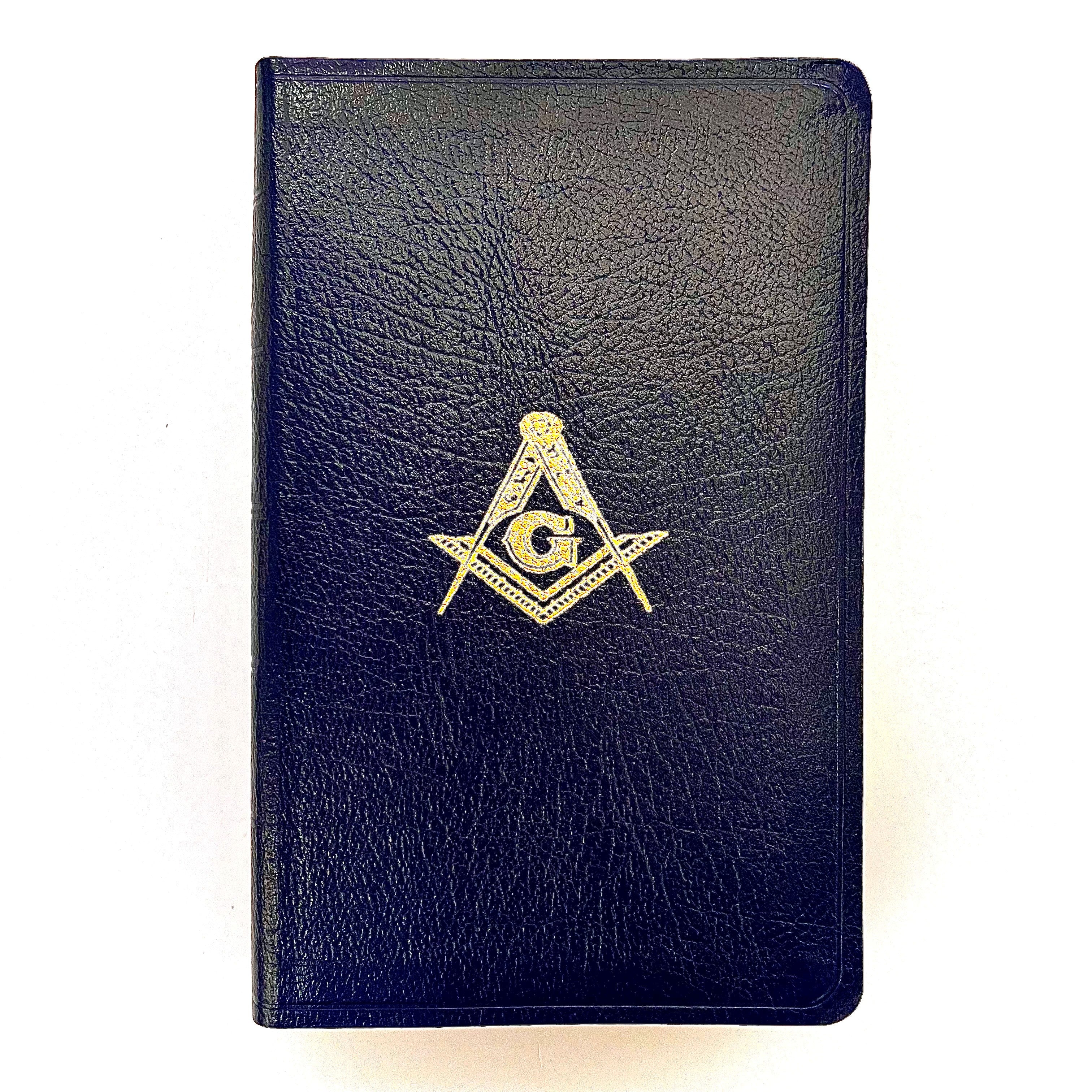 Black leather notebook with Masonic gold square & compasses symbol on a black background
