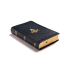 A Masonic Bible book side view with black  cover and gold lettering, featuring a Masonic symbol on the spine.