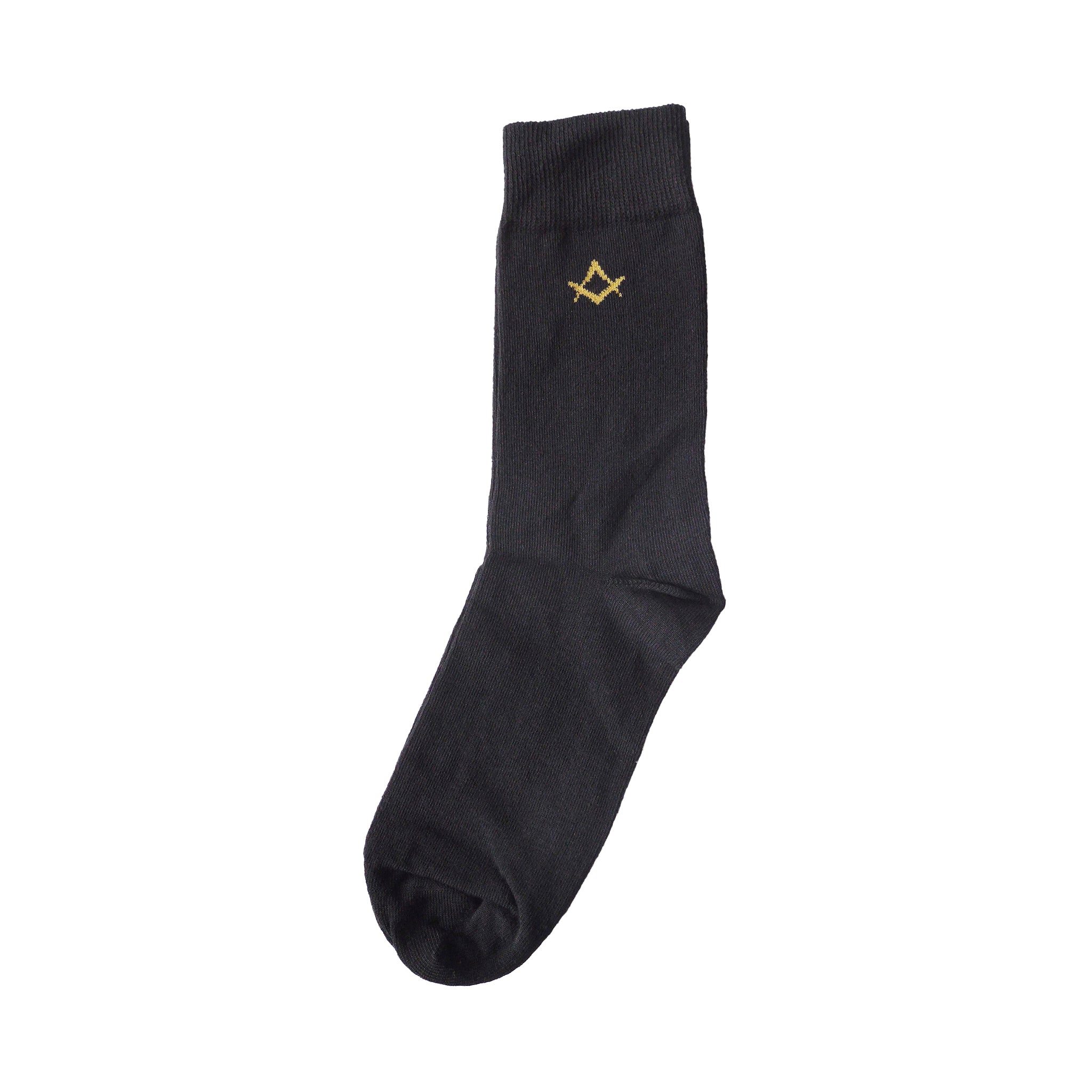 A Masonic black sock with a gold square and compasses symbol on the ankle area.