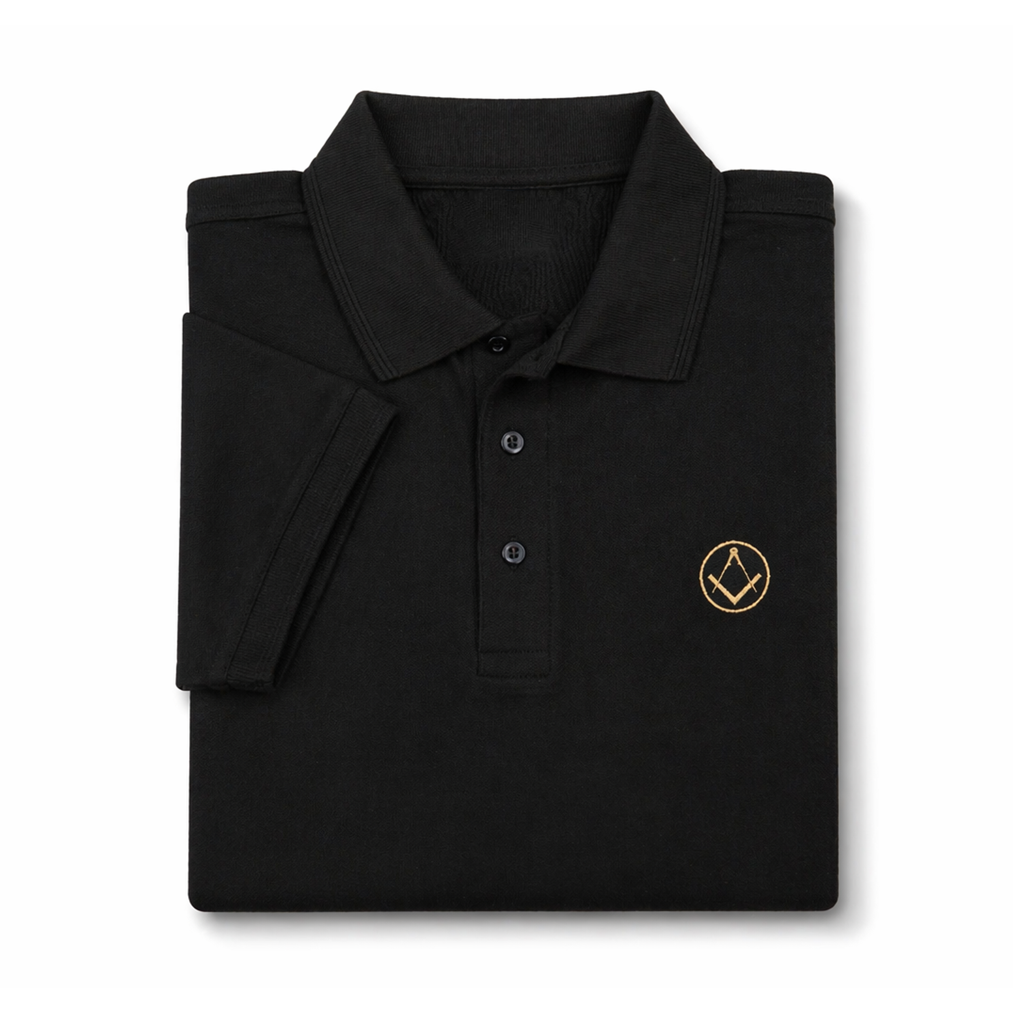 Folded black polo shirt with a collar and button placket, featuring a small gold embroidered Masonic square-and-compass symbol on the chest.