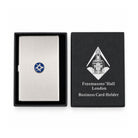 Masonic silver business card holder with a blue square & compasses emblem inside Freemasons' Hall black presentation box