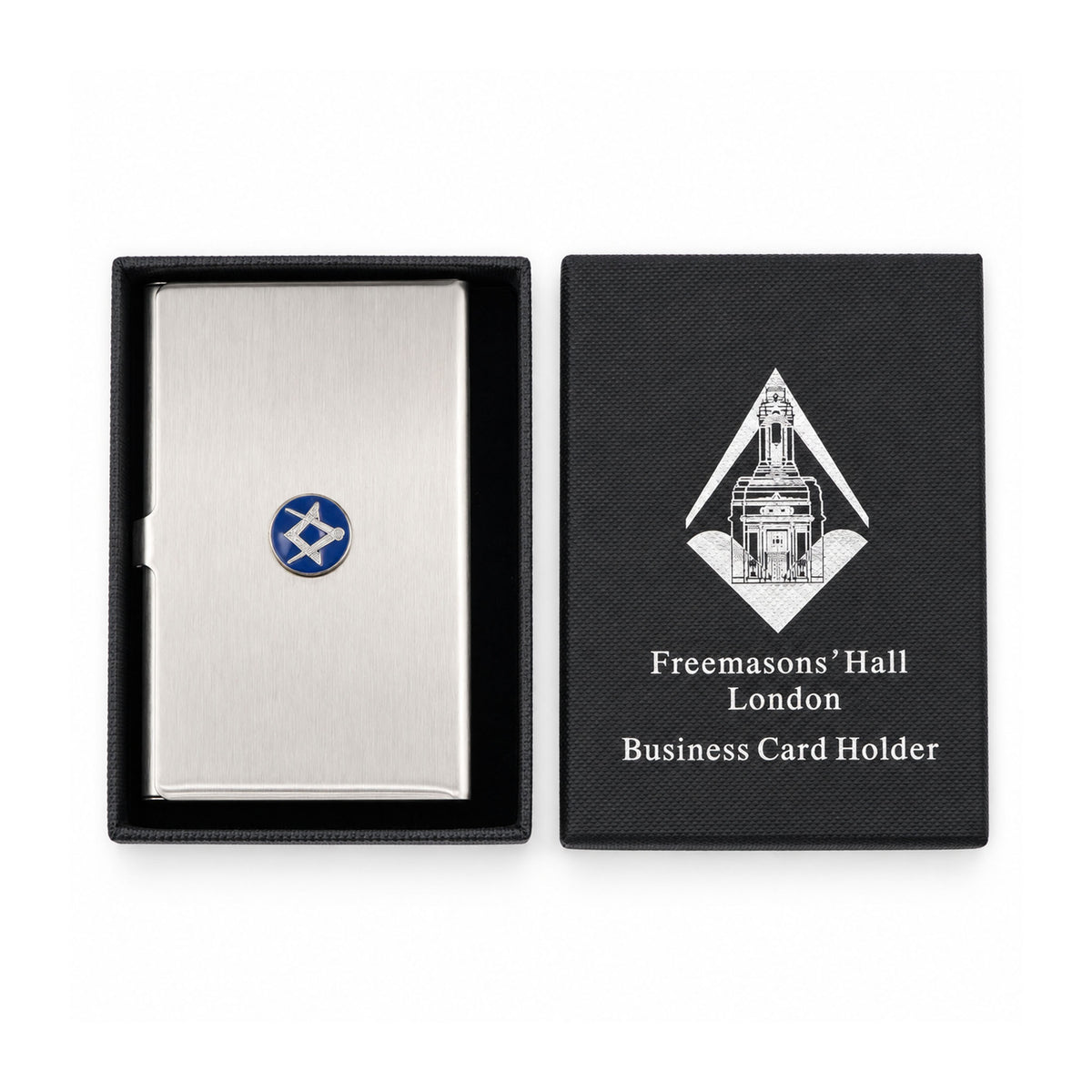 Masonic silver business card holder with a blue square & compasses emblem inside Freemasons' Hall black presentation box