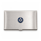 Masonic silver business card holder with a blue square & compasses emblem on a white background