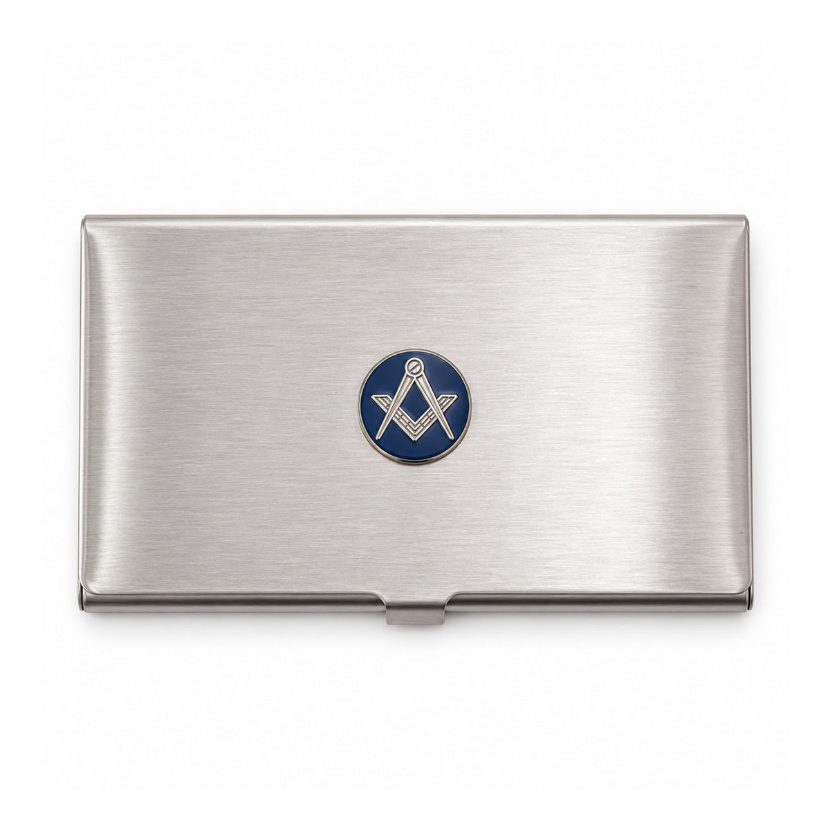 Masonic silver business card holder with a blue square & compasses emblem on a white background