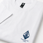Masonic white t-shirt close up image featuring Freemasons’ Hall London logo on right chest, Freemason casual wear