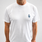 Model wearing masonic white t-shirt featuring Freemasons’ Hall London logo on right chest, Freemason casual wear