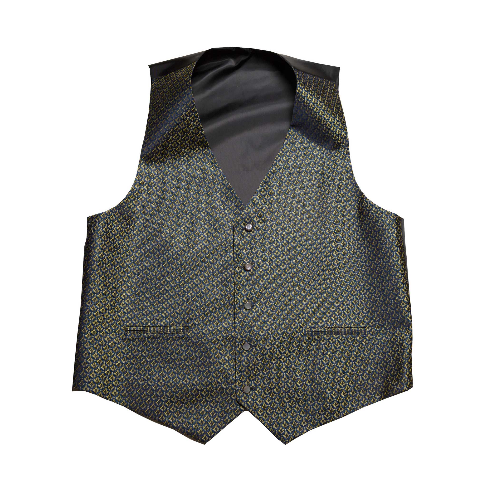 A navy blue and gold, single-breasted waistcoat with a square and compasses geometric pattern, featuring five buttons.