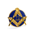 A pin badge with a blue background and gold-colored text and star design, with the number '70' and the word 'Years' featured prominently.