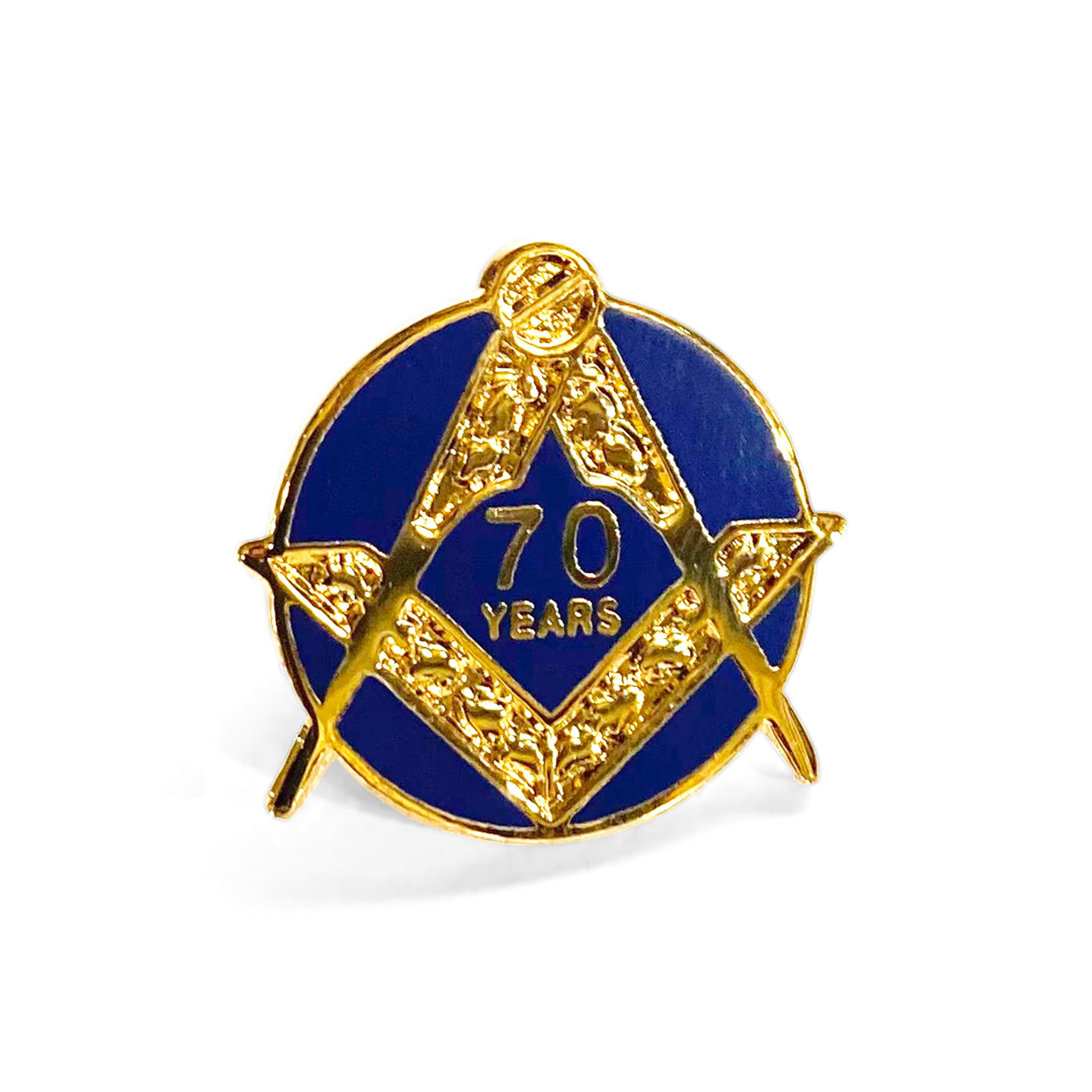 A pin badge with a blue background and gold-colored text and star design, with the number '70' and the word 'Years' featured prominently.