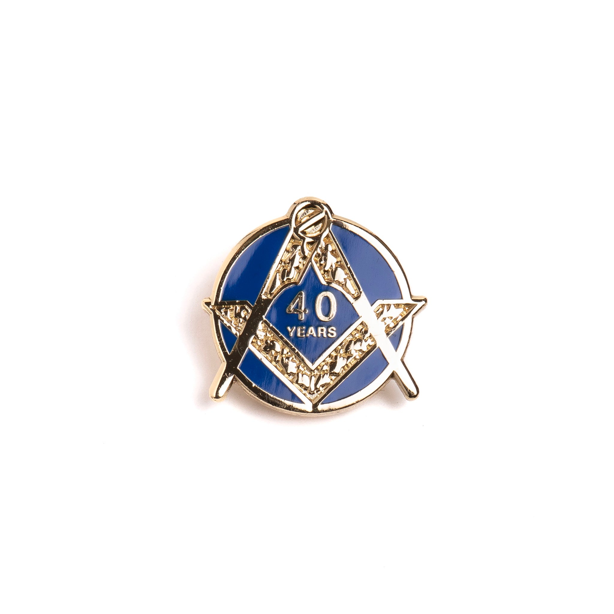 A pin badge with a blue background and gold-colored text and star design, with the number '40' and the word 'Years' featured prominently.