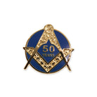 A pin badge with a blue background and gold-colored text and star design, with the number '50' and the word 'Years' featured prominently.