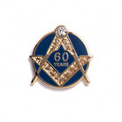 A pin badge with a blue background and gold-colored text and star design, with the number '60' and the word 'Years' featured prominently.