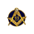A pin badge with a blue background and gold-colored text and star design, with the number '65' and the word 'Years' featured prominently.