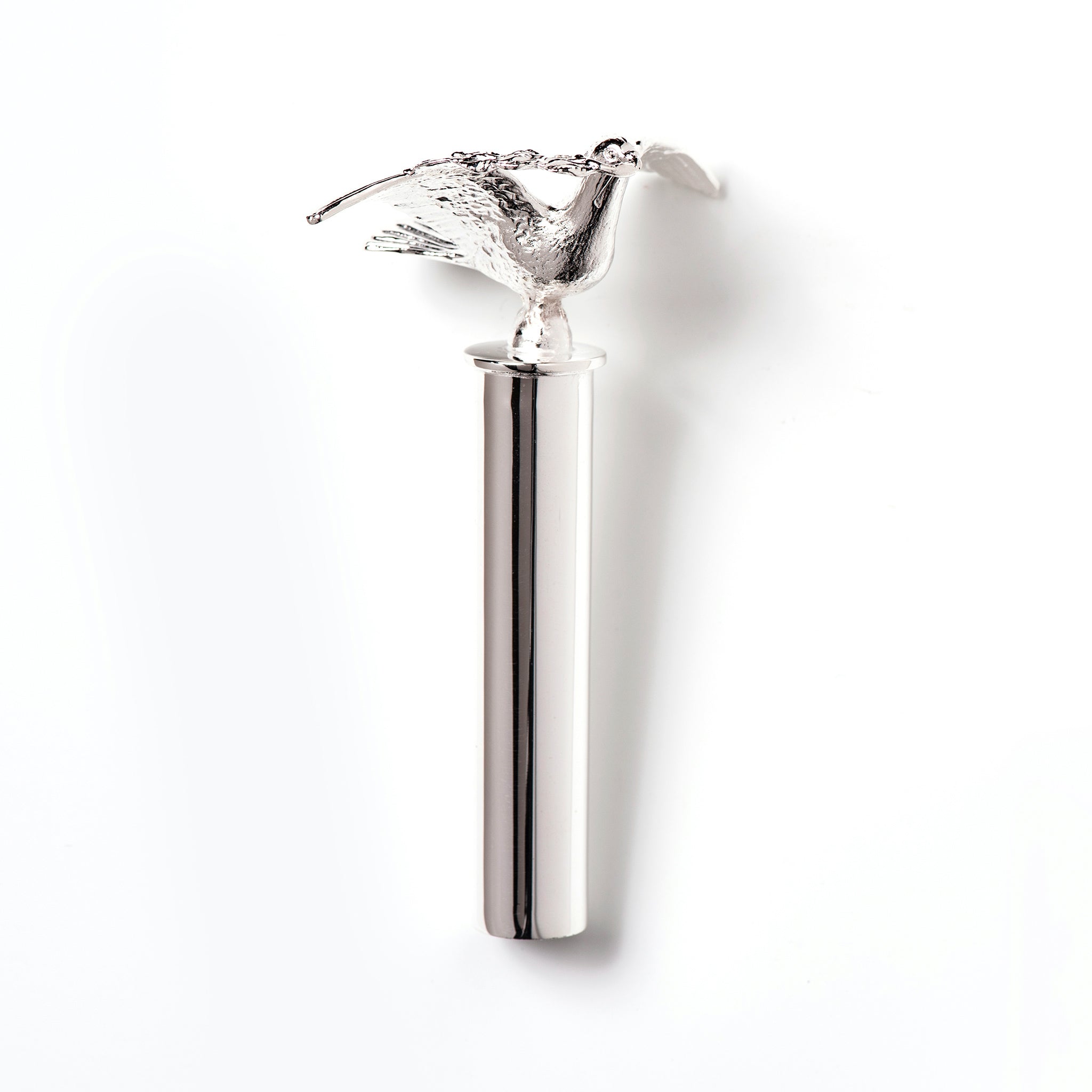 A silver-coloured metal wand top with intricate engravings, designed for use in Freemasonry ceremonies.