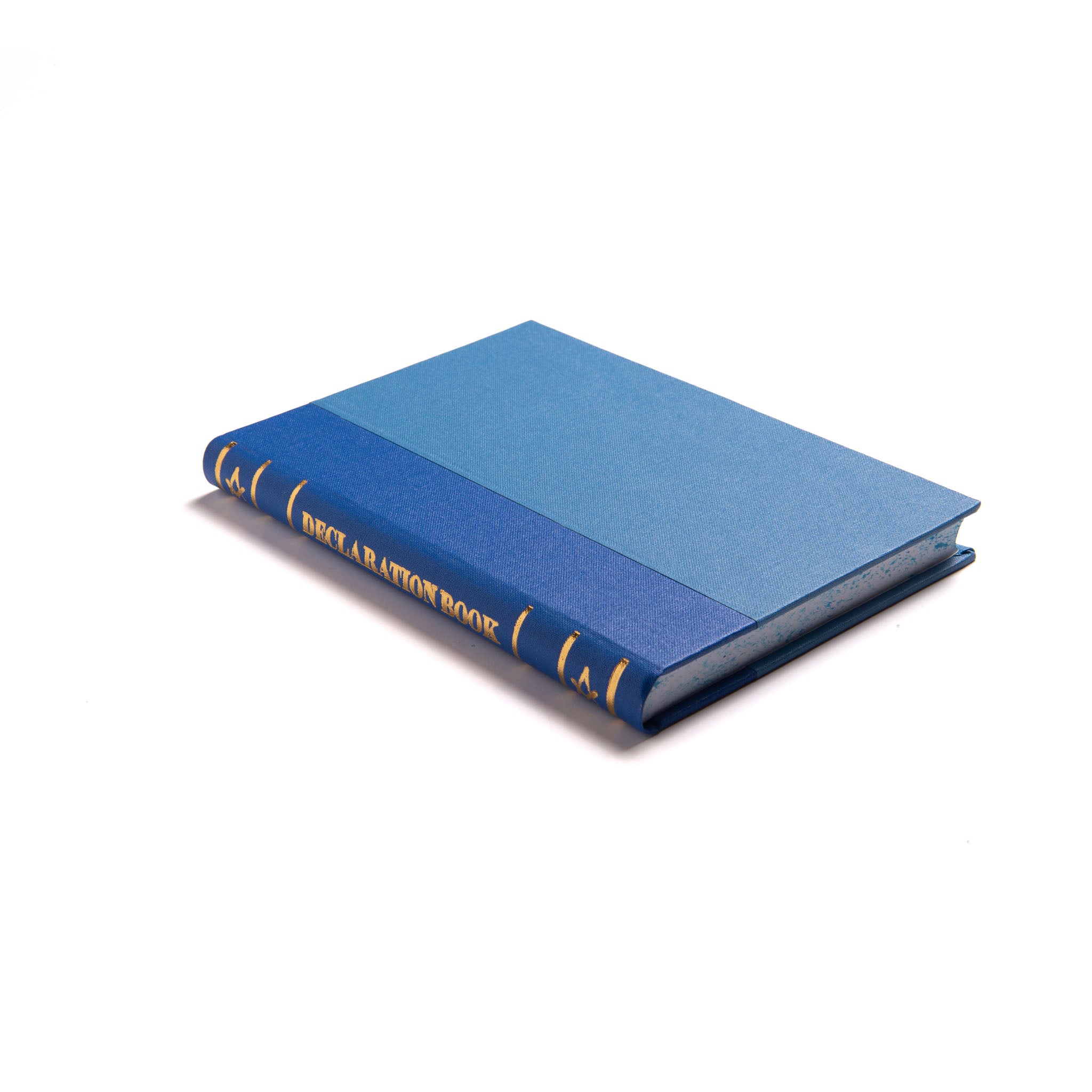 A closed Declaration Book with a blue and black hardcover and gold accents on the spine.