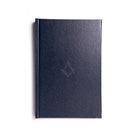 A Masonic Emulation Large Print Ritual closed book with a navy blue cover, displaying a Masonic symbol in the center.