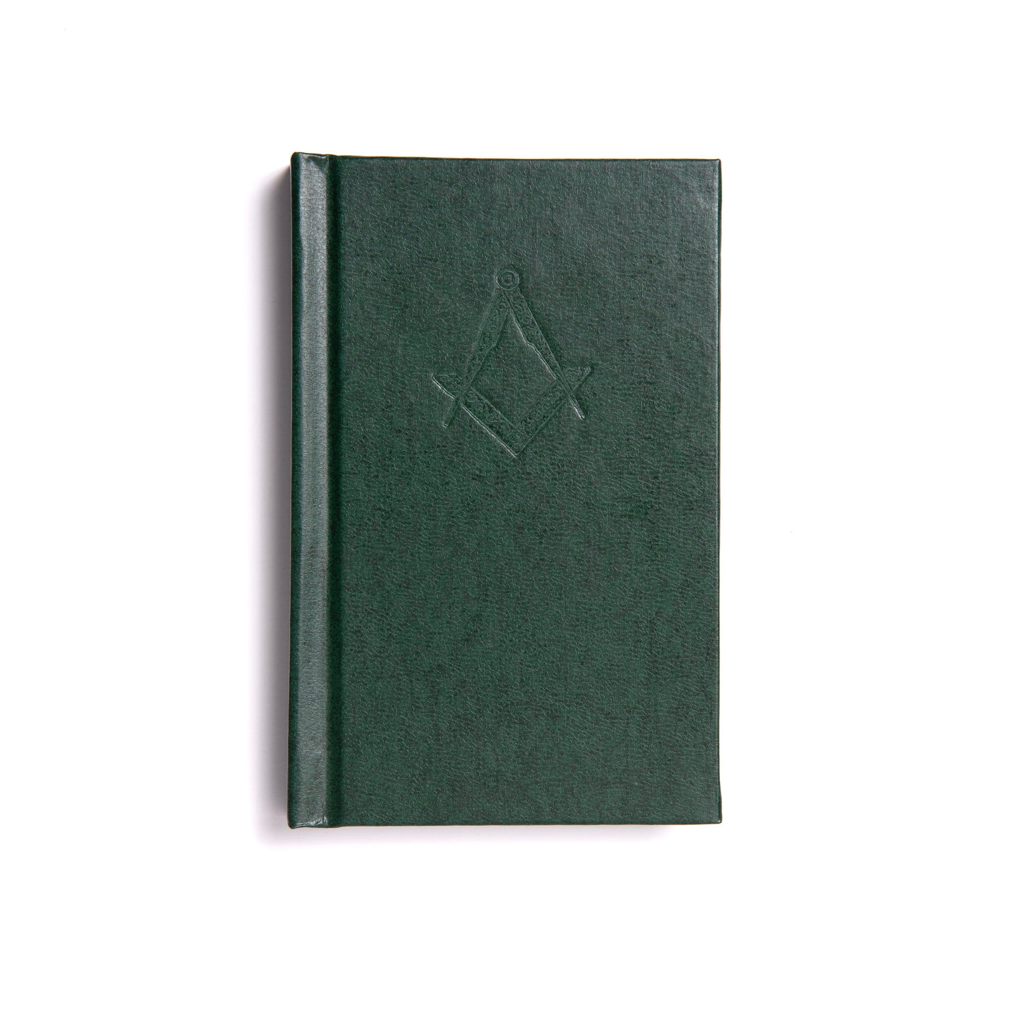 A green bound book with an embossed Masonic symbol on the cover.