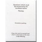 A white ritual card with black text, detailing questions for a Masonic degree candidate, with instructions to keep the card private.