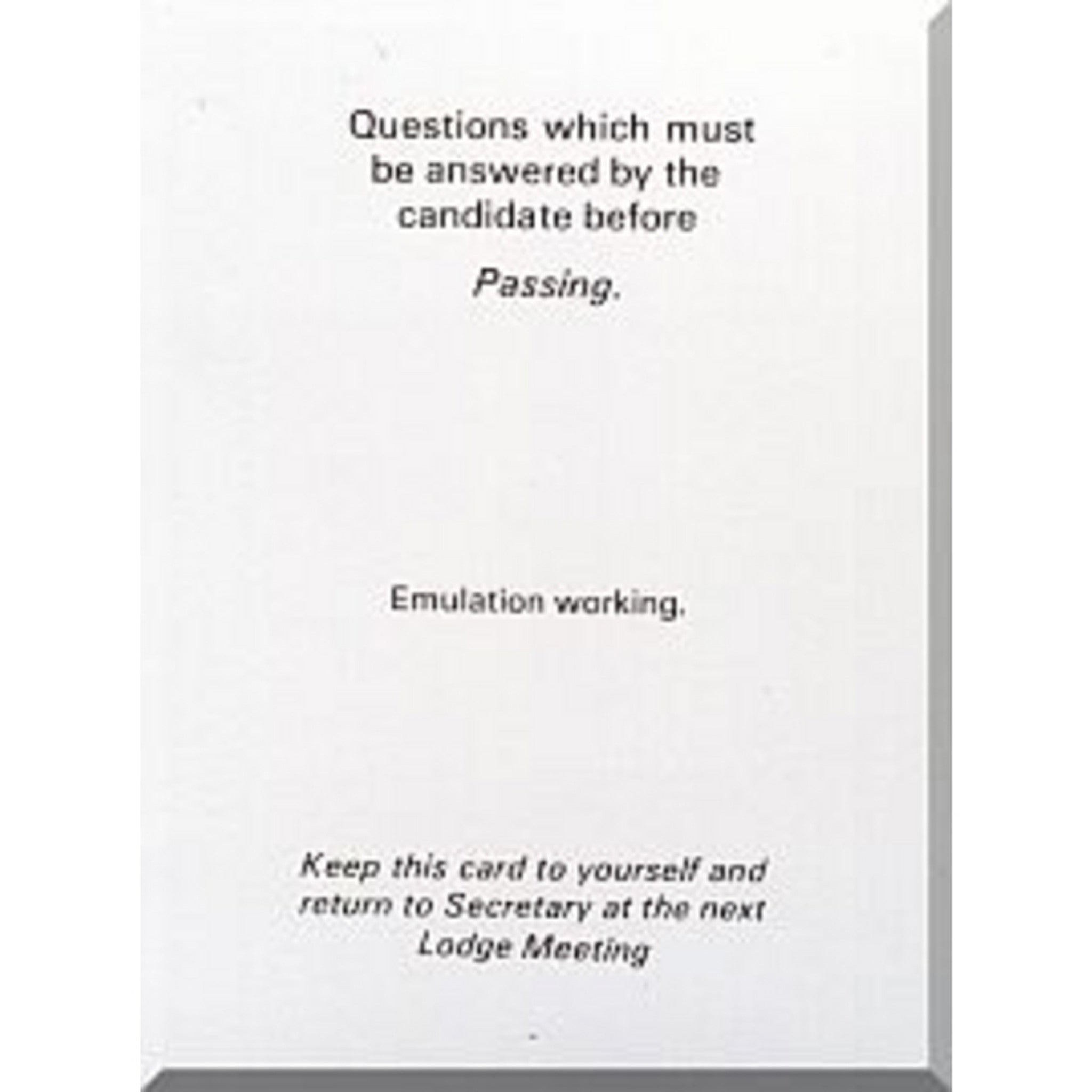 A white ritual card with black text, detailing questions for a Masonic degree candidate, with instructions to keep the card private.