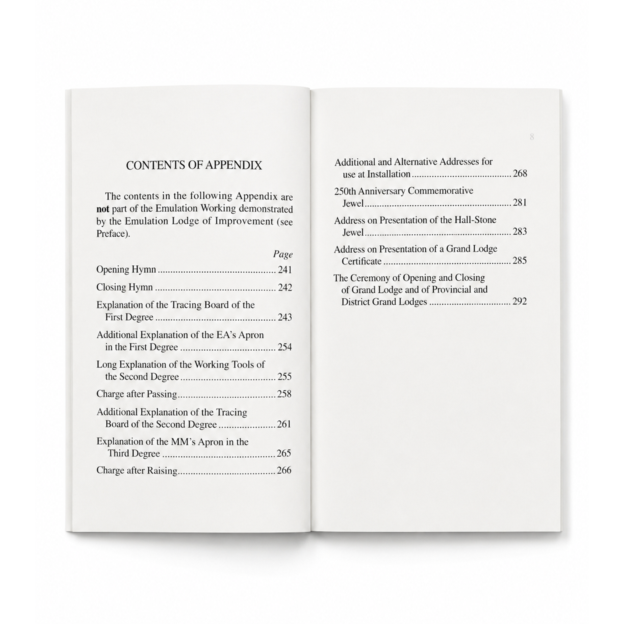 Emulation Pocket Ritual Bi-Centenary Edition table of contents appendix