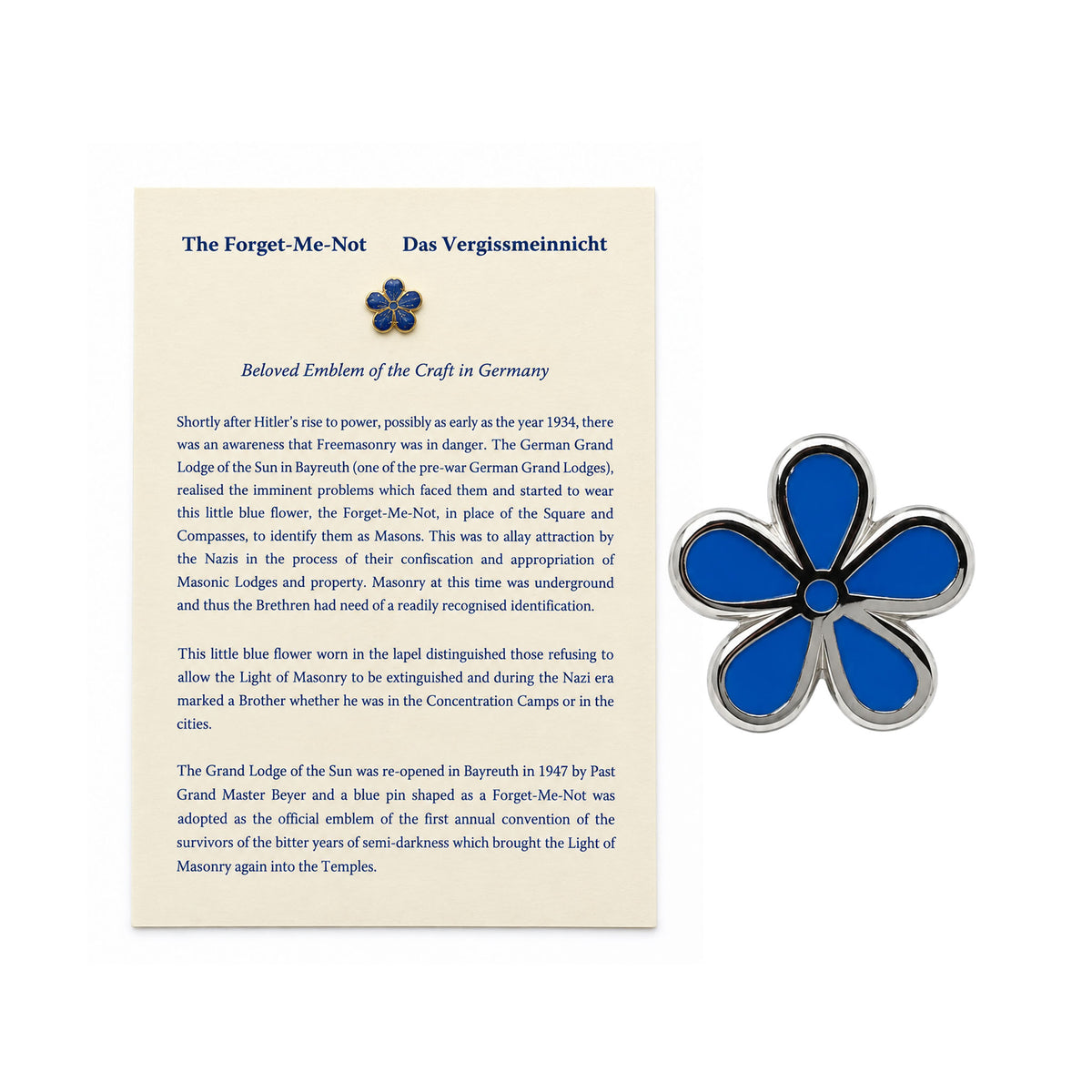 Forget-Me-Not Explanation Card and lapel pin badge