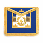 A blue and gold master mason apron with embroidery and a fringe.