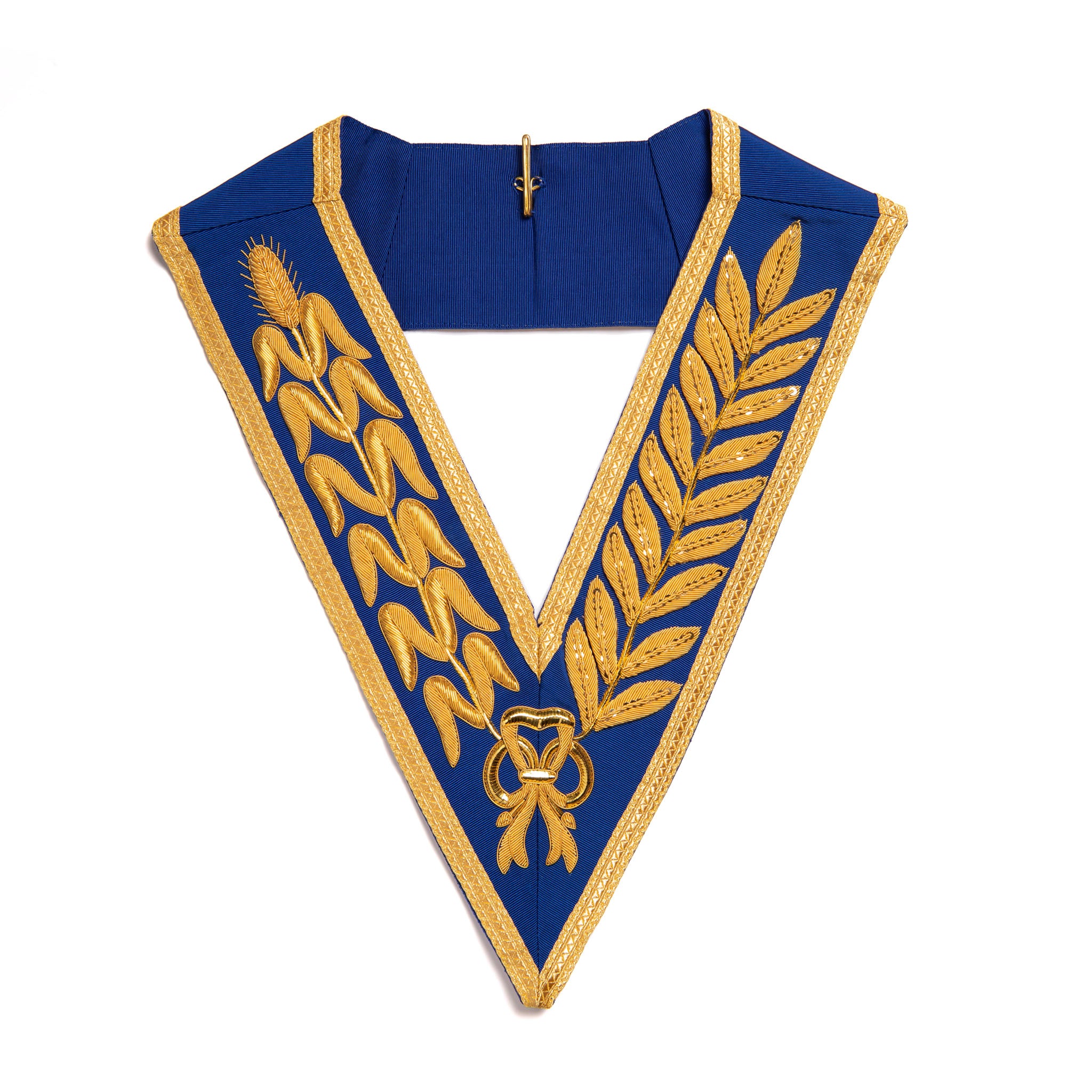 A blue and gold Masonic Craft Grand Rank Dress Collar with embroidered designs in gold on a blue background.