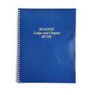 A blue-covered spiral-bound sheet music book titled 'Masonic Lodge And Chapter Music'.