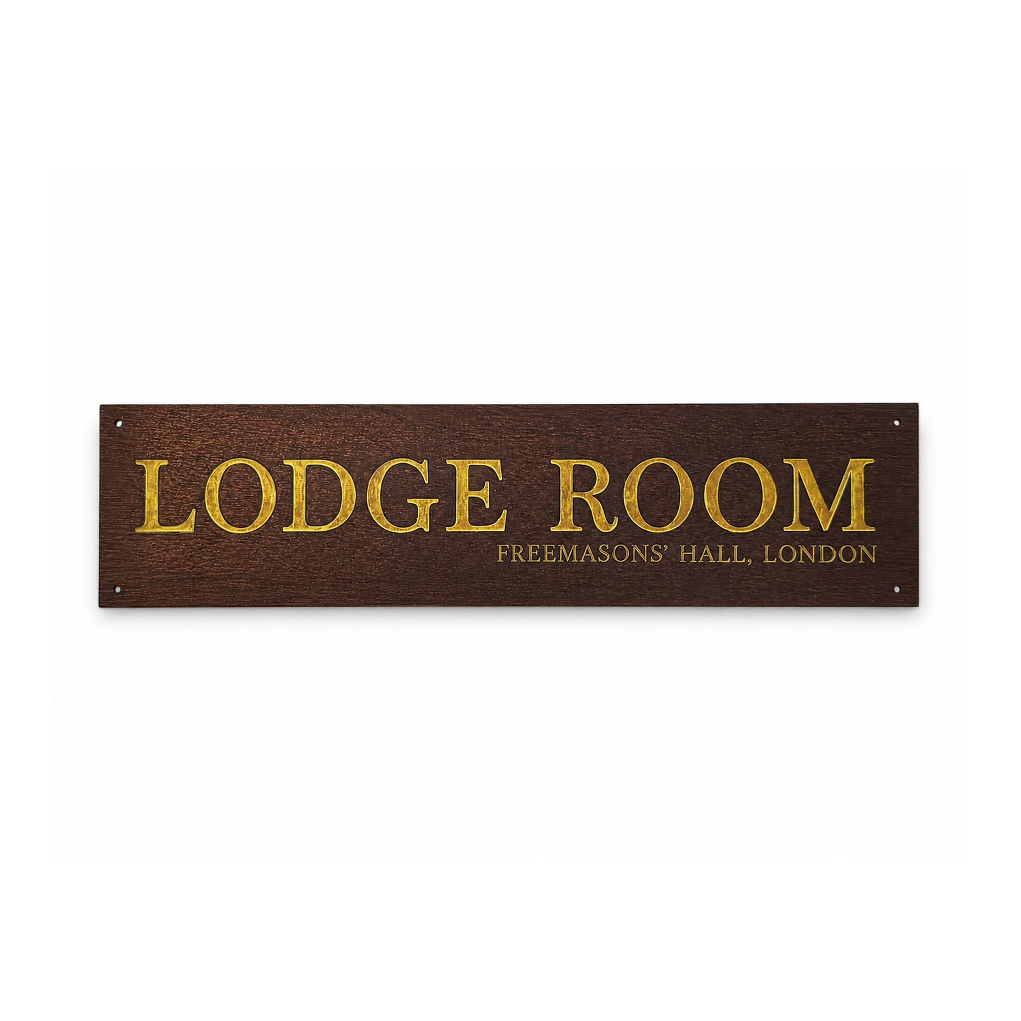 Wooden sign with gold text 'Lodge Room' and 'Freemasons' Hall, London' on a white background.